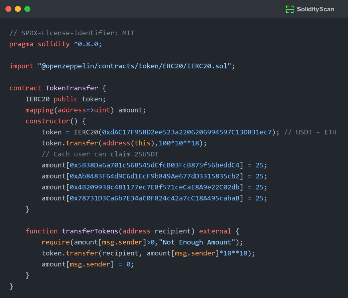 Alice created a contract to allow users to claim USDT tokens. Can you spot the bug?

Take on the #FindTheBug challenge and showcase your debugging expertise!

#BugHunt #SmartContracts #Web3