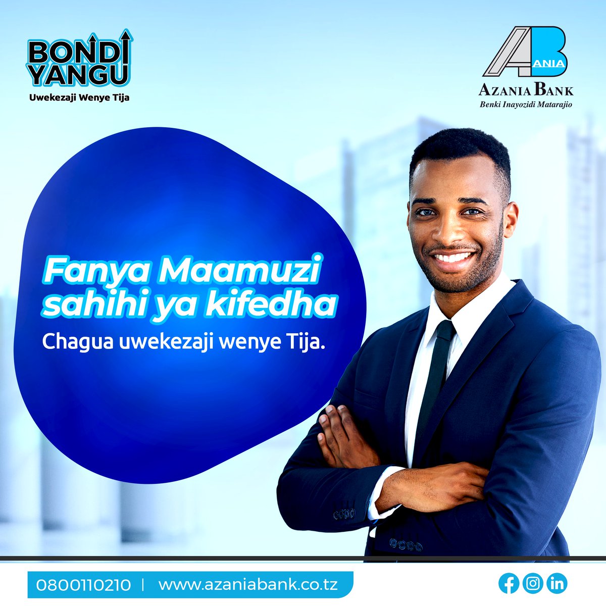 azaniaBank_ltd's tweet photo. Nani hapendi kutengeneza pesa akiwa ame relax?
Kama haya ndiyo matamanio yako, #bondiyangu ndio Jibu lako.
Kwa huduma hii tembelea tawi letu karibu yako au mawakala wa soko la hisa
#AzaniaBank #BondiYangu #Uwekezajiwenyetija https://t.co/i8cR508t9T