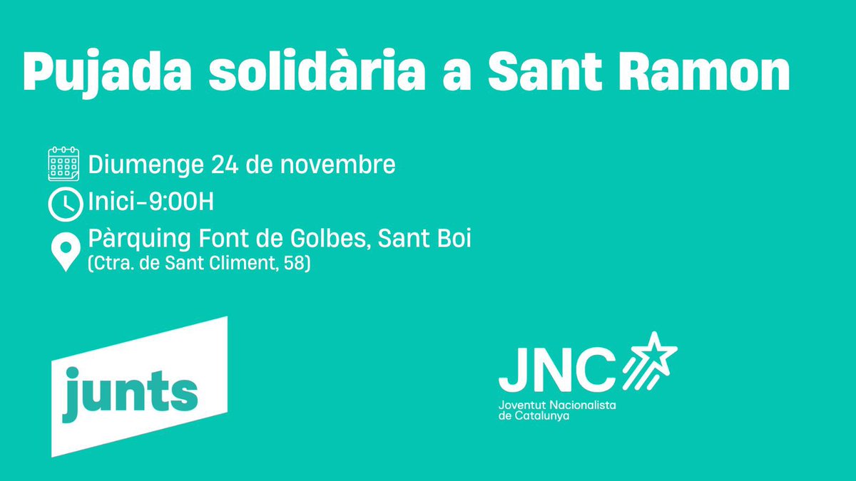 JuntsXSantBoi's tweet photo. ➡️Des de @JuntsXSantBoi, i amb la col·laboració de la @JNC_SantBoi, us convidem a la #PujadaSolidària a Sant Ramon! 

Junts podem fer una gran donació per al #BancDeAliments. Porta la teva donació al punt de trobada a les 9:00h .

#SantBoi https://t.co/SueIWdoFYv