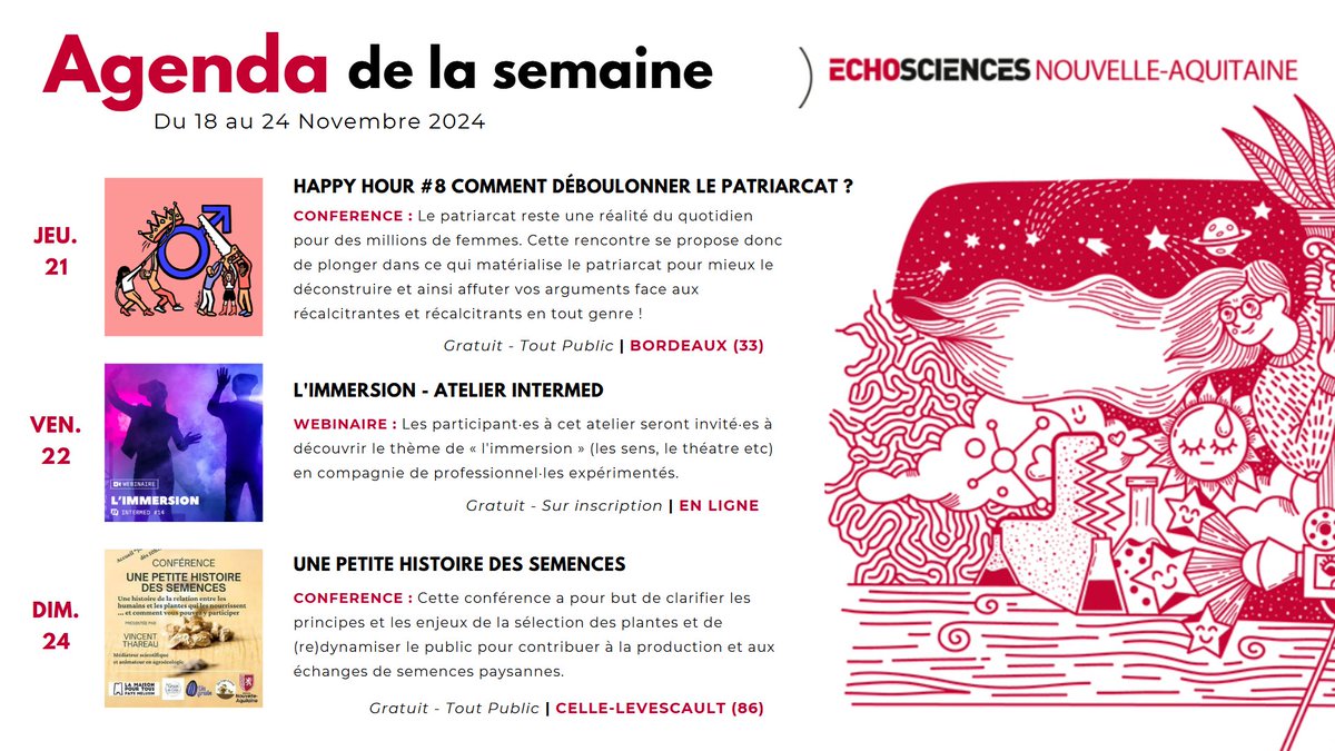 📅 Au programme cette semaine 📅

Ces animations sont respectivement proposées par :

- Cap Sciences
- Amcsti
- Association Grain de Celle

Venez découvrir les autres événements de la semaine sur Echosciences ! 👀
…hosciences.nouvelle-aquitaine.science/evenements?sta…