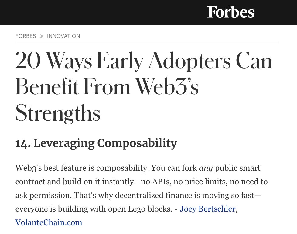#Web3 composability = instant smart contract forking. No APIs. No limits. No permissions → That's why DeFi moves at light speed 🚀 #buidl #forbes 

Source: forbes.com/councils/forbe…