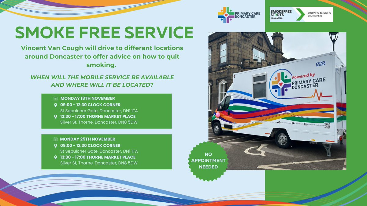 🚌🚭Today, #VincentVanCough will make two stops, including a NEW location to offer drop-in smoke free services!

Stop by Clock Corner this morning or Thorne Market Place in the afternoon to speak with  our experts!

For more information, please visit:
primarycaredoncaster.co.uk/health-van-smo…