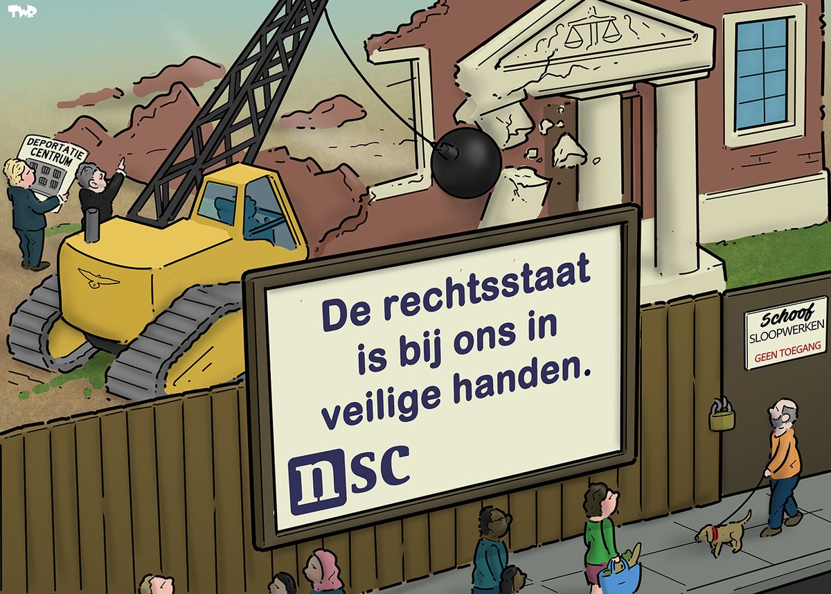 Bij NSC is de rechtsstaat in veilige handen. Cartoon voor <a href="/trouw/">Trouw</a>: trouw.nl/achterpagina/s…

#NSC #rechtsstaat #Wilders #Schoof