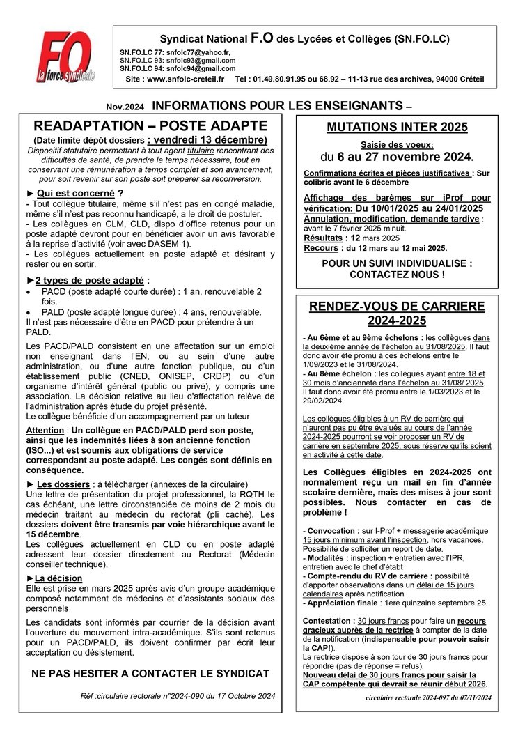 Infos académiques : Mutations Inter 2025, RDV de carrière 2024-2025, Réadaptation - Postes adaptés

Demandez l'aide du SNFOLC