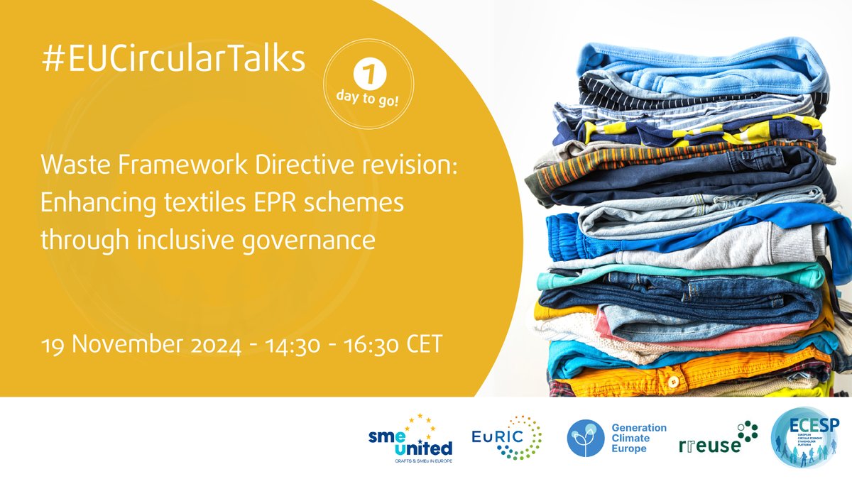 CEStakeholderEU's tweet image. ❗Last chance to sign up for the #EUCircularTalks happening tomorrow!

It will take a closer look at the proposed changes to #EPR schemes for textiles and highlight the role of inclusive governance in meeting the #sustainability targets

✍Register now: bit.ly/4eX2gSU