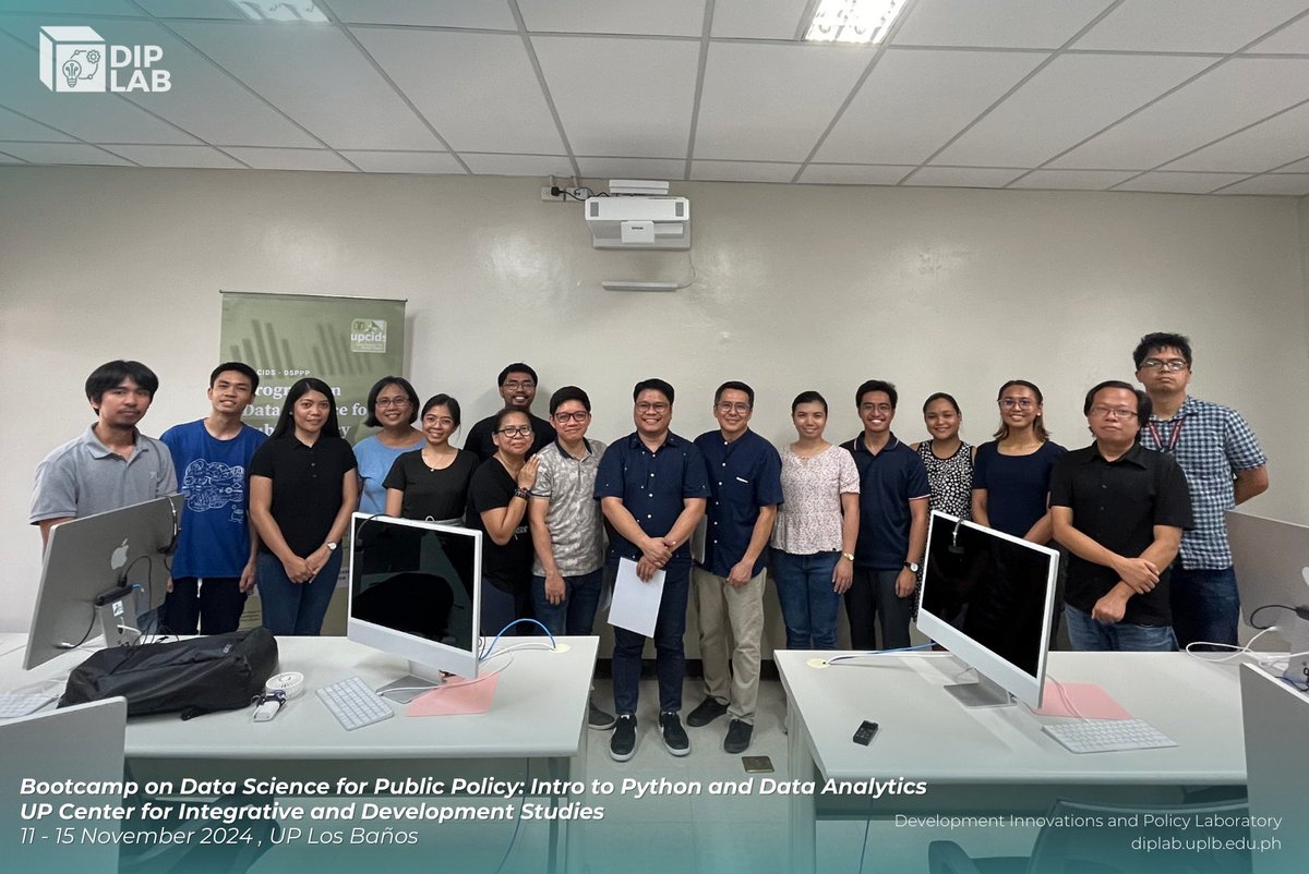 diplab_uplb's tweet photo. The #DIPLabUPLB team members along with other  @uplbcpaf staff participated in a 5-day bootcamp on Data Science for Public Policy from Nov 11-15, 2024, at UPLB. This training was conducted by the UP Center for Integrative and Development Studies. 💡📒

#datascience
#UPCIDS https://t.co/cA59H2aCYU