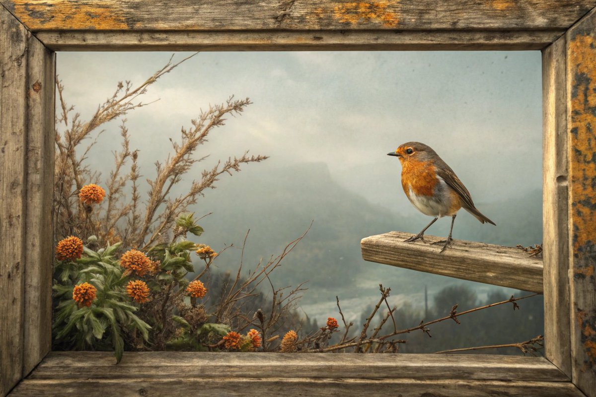 BeyondTLens's tweet image. A glimpse into a world touched by time, where nature's quiet beauty is framed by the rustic remnants of the past.

#NaturePhotography #Robin #VintageFrame #Grok #RusticCharm #AIart #DigitalArt #BirdWatching #Peaceful #Scenic