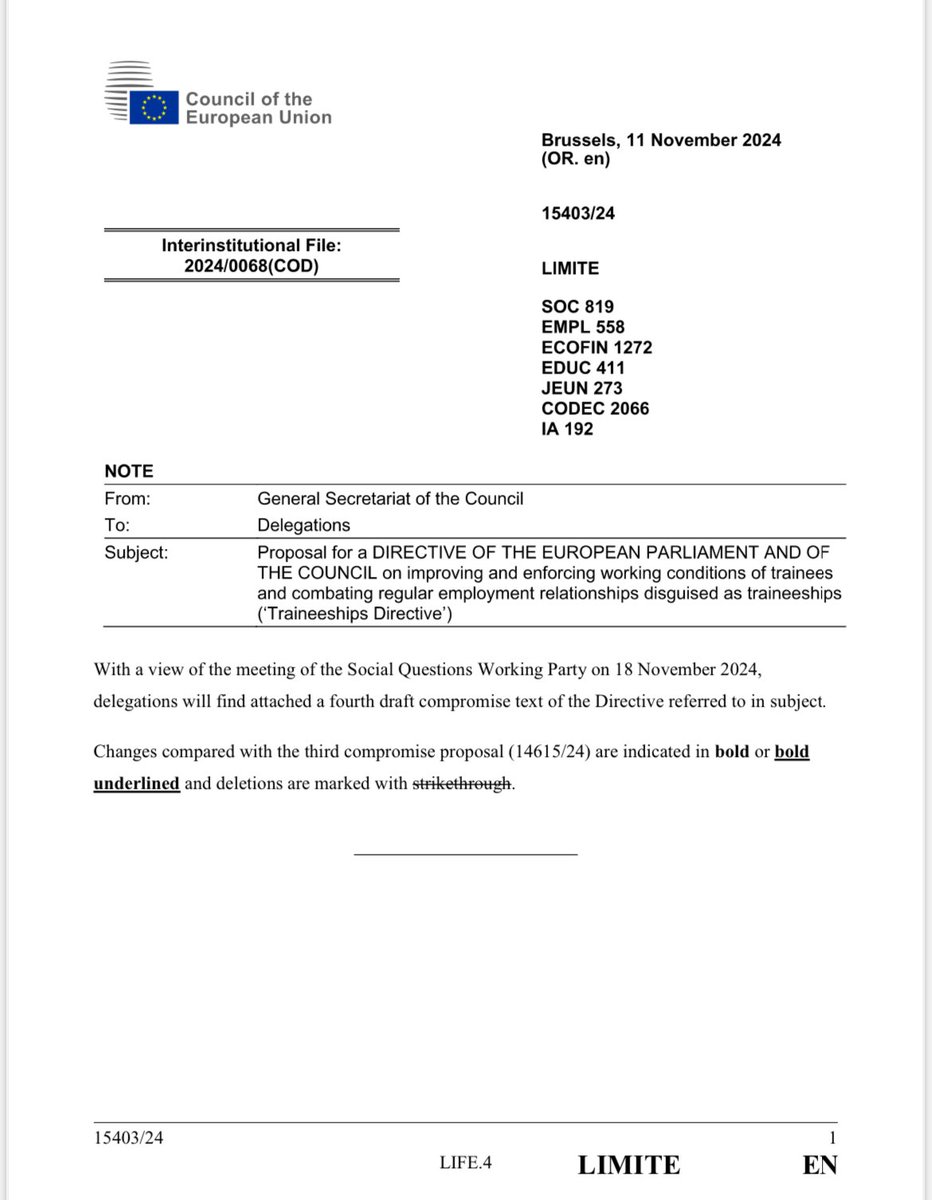 🔜 In just a few minutes, member states will meet to iron out the final technical details on the PCY @HU24EU compromise for the #Traineeship DIR. 

The current draft is much leaner &amp; more flexible than <a href="/NicolasSchmitEU/">Nicolas SCHMIT</a>’s original proposal.

—Will we see an agreement by 2 Dec? 🤔