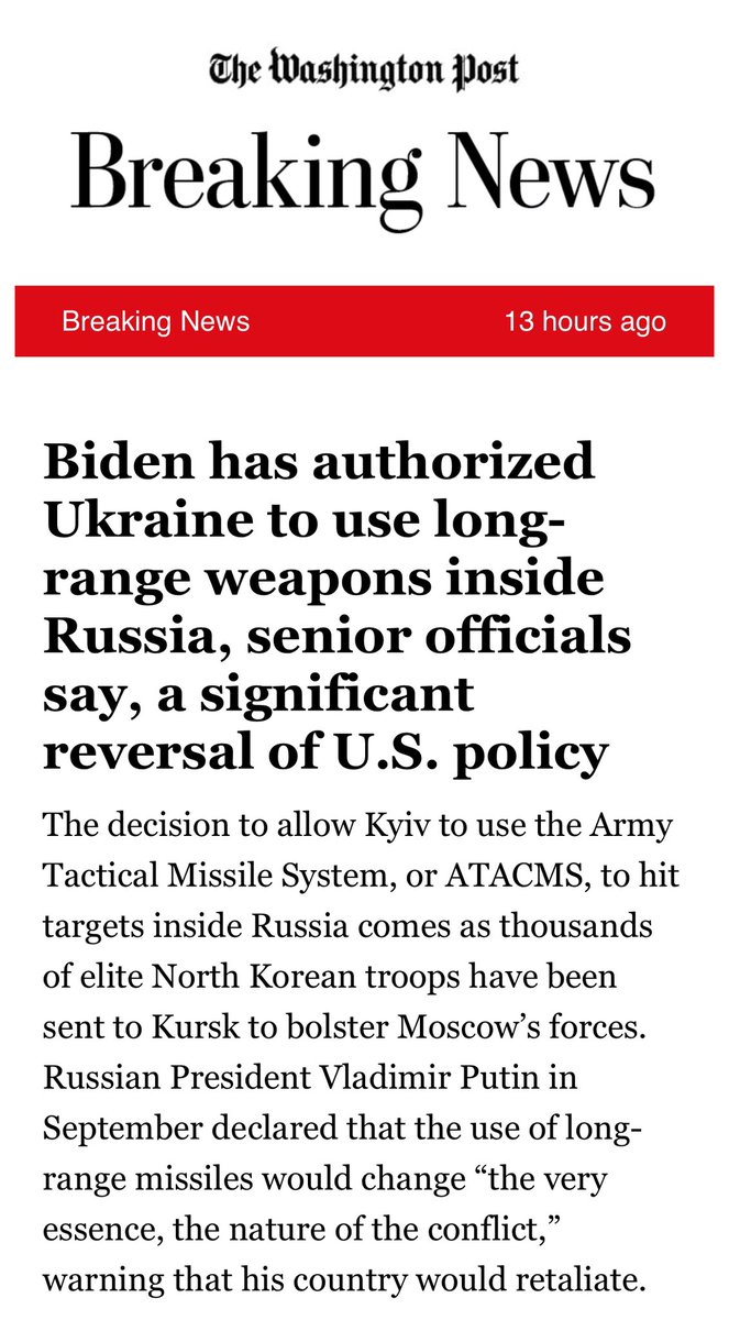Secondo il <a href="/washingtonpost/">The Washington Post</a> alti ufficiali USA hanno rivelato che Biden ha autorizzato Zelensky all’uso dei missili a lunga gittata per colpire la Russia al suo interno. Putin ha chiaramente avvisato che ciò cambierebbe la natura della guerra e che risponderebbe al fuoco. Se