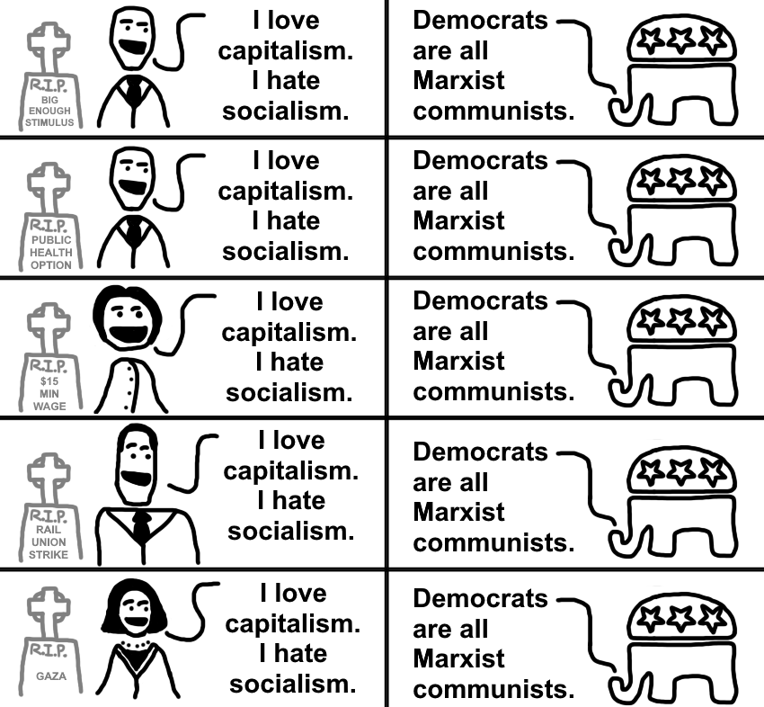SocDoneLeft's tweet photo. "If the Dems punched left, then the Republicans wouldn't call us socialist!" https://t.co/oBZvX3lrsc