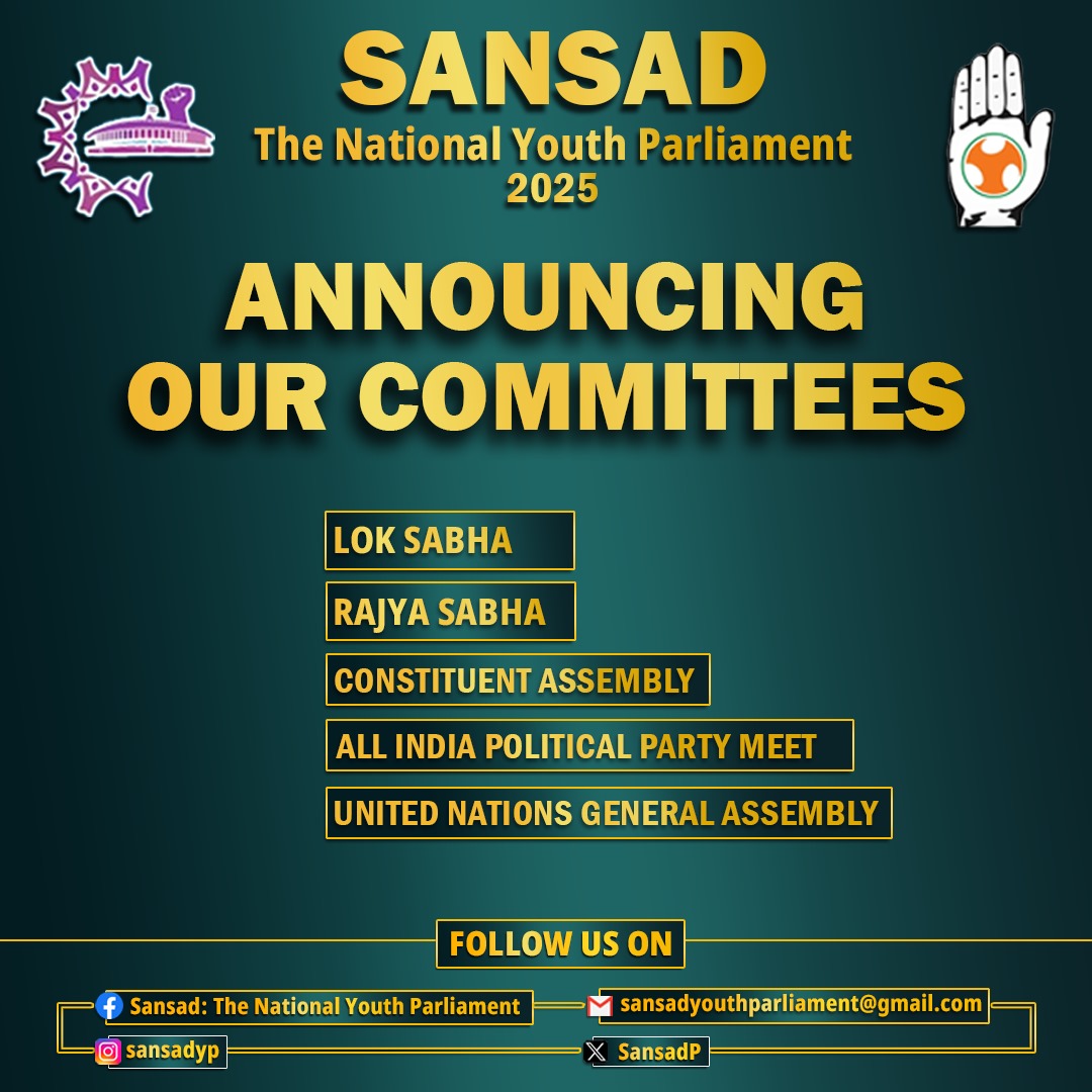 Be part of something big! 
Join SANSAD: The National Youth Parliament, 2025—where ideas collide and change begins. Lok Sabha, Rajya Sabha, AIPPM, Constituent Assembly and UNGA unite for discussions that matter. Your voice matters here.

Ready to be part of the excitement!