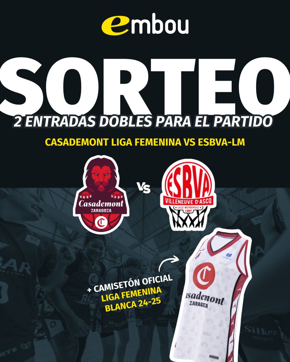 embou_com's tweet photo. 🏀NUEVO SORTEAZO🏀

¿Quieres hacerte con un camisetón oficial y una entrada doble para ver al Casademont Zaragoza femenino el próximo miércoles 27/11 🎟 ?

1️⃣ Síguenos
2️⃣ Dale RT
3️⃣ Regístrate aquí🔗https://t.co/X1Xtwc02kv

Tienes hasta este viernes a las 10h para participar🤞🍀 https://t.co/vqQpKHbXJT