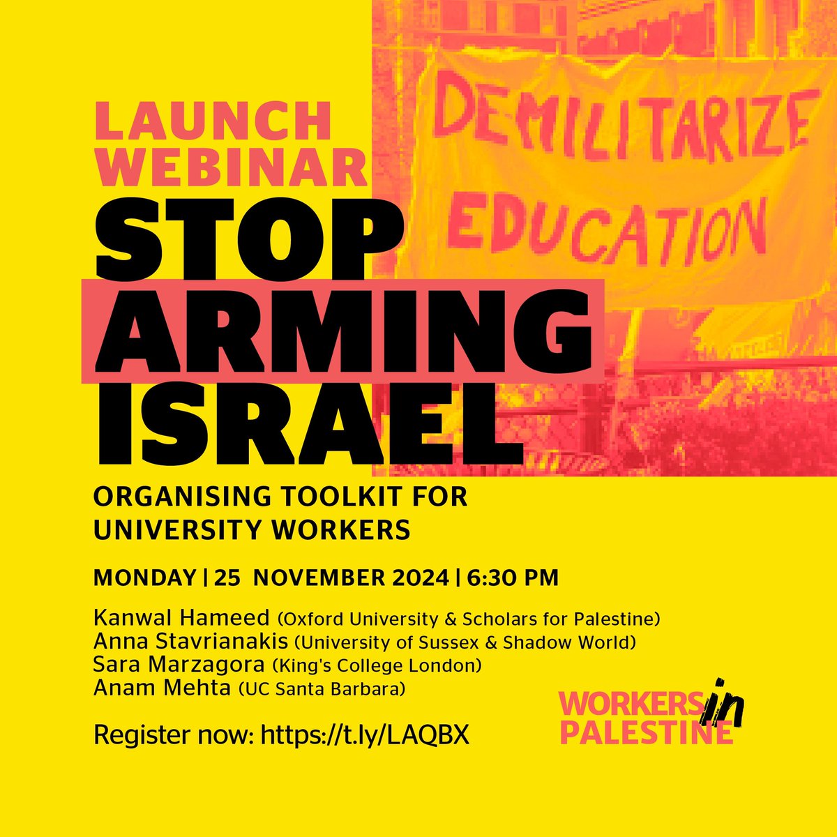 WorkersinPales1's tweet photo. Do you work at a university &amp; want to meaningfully organise for Palestine with your colleagues? 

This webinar is for you! 

Register &amp; invite your peers: https://t.co/jFF3HhNVne 

#StopArmingIsrael 
#FreePalesitne 
#Worker2WorkersSolidarity https://t.co/NPThjiY2FA