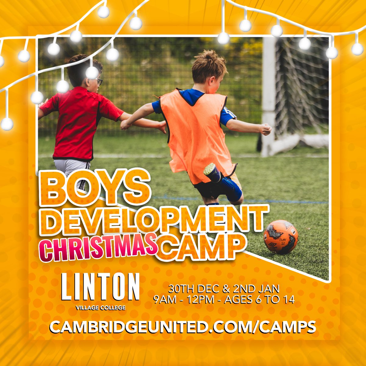 🎅🎄🎁 BOYS DEVELOPMENT CHRISTMAS CAMPS 🎁🎄🎅 

📍 Linton Village College
📆 30th Dec &amp; 2nd Jan 
⏰️ 9am-12pm 

🎄 Join us over the holidays for 2 days of festive fun 😁 

#unitedindevelopment #unitedinendeavour 

🟠⚫️🔥⚽️