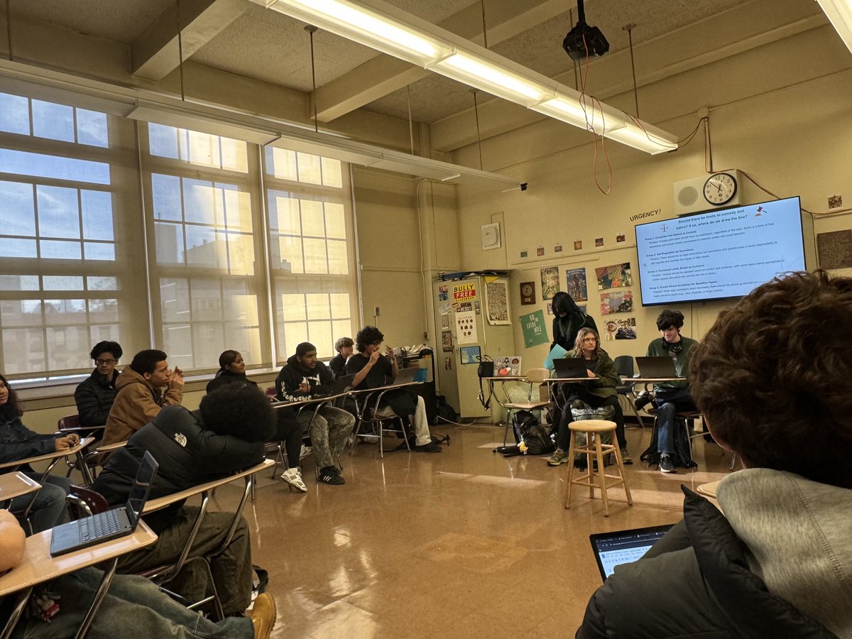 11/12th Satire students debating the question, “should there be limits on the use of satire in comedy?”