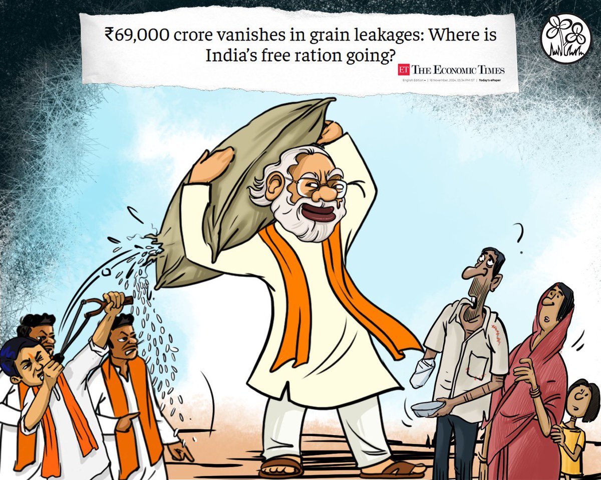 AITCofficial's tweet photo. Hunger grows, but the leakage flows! 

₹69,000 crore worth of grains vanish under PM @narendramodi’s watch. 

https://t.co/uDEM6MEZH4 https://t.co/4vuDfVPDBg