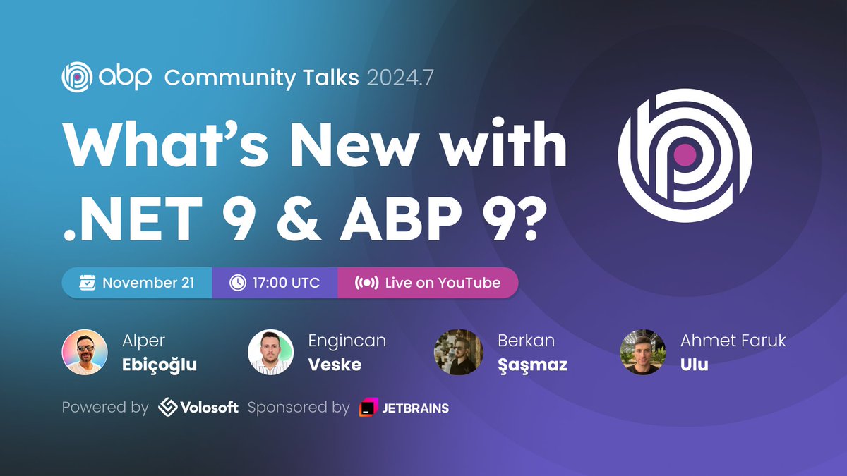 🚀 Don't forget to join the next ABP Community Talks to explore .NET 9 &amp; ABP 9 updates!  

📅 Nov 21, 2024 | ⏰ 17:00 UTC 

Register Now 👇
kommunity.com/volosoft/event…

#ABPCommunityTalks #dotNET9