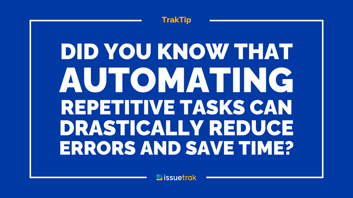 Issuetrak's tweet image. 💡 TrakTips:  Boost workflow efficiency with Issuetrak! Automate repetitive tasks to reduce errors &amp;amp; save time. Identify bottlenecks in your process and automate them for smoother operations. 

#WorkflowManagement