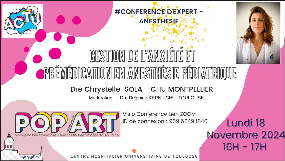 POpART (@popartoulouse) on Twitter photo 📣📣Oyé Oyé
C’est aujourd’hui !! Entre 16 et 17h, la Dre Chrystelle Sola nous parle de gestion de l’anxiété et de la prémédication en anesthésie pédiatrique ⬇️⬇️⬇️
@ADARPEF1 <a href="/SFAR_ORG/">SFAR Anesthésie Réanimation</a> <a href="/SFARJeunes/">SFAR Jeunes</a> <a href="/CHUdeToulouse/">CHU de Toulouse - compte inactif</a> <a href="/GreparToulouse/">GREPAR TOULOUSE</a> <a href="/AJARFrance/">AJAR France 🇫🇷</a> <a href="/ajar_toulouse/">AJAR Toulouse 🏉</a> 📣📣Oyé Oyé
C’est aujourd’hui !! Entre 16 et 17h, la Dre Chrystelle Sola nous parle de gestion de l’anxiété et de la prémédication en anesthésie pédiatrique ⬇️⬇️⬇️
@ADARPEF1 <a href="/SFAR_ORG/">SFAR Anesthésie Réanimation</a> <a href="/SFARJeunes/">SFAR Jeunes</a> <a href="/CHUdeToulouse/">CHU de Toulouse - compte inactif</a> <a href="/GreparToulouse/">GREPAR TOULOUSE</a> <a href="/AJARFrance/">AJAR France 🇫🇷</a> <a href="/ajar_toulouse/">AJAR Toulouse 🏉</a>