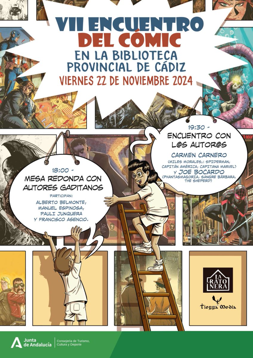 ¡¡ Ya está aquí el VII ENCUENTRO DEL COMIC !!

18:00 h. : Mesa redonda de autores gaditanos: Alberto Belmonte,  Manuel Espinosa, Francisco Asencio, Pauli Junquera

19:30 h.:  Encuentro con Carmen Carnero y Joe Bocardo

#comic #marvel #tebeos
