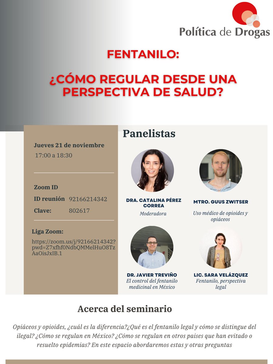 #SeminarioPPD🔴Este jueves 21 de noviembre, no te pierdas nuestro seminario sobre el uso médico de fentanilo y su regulación. Un tema clave para la salud pública. #fentanilo #Saludpública 🩺💊
📅 Fecha: Jueves 21
🕒 Hora: 17:00 hrs.
🔗 Zoom ID: 92166214342 Clave:802617
