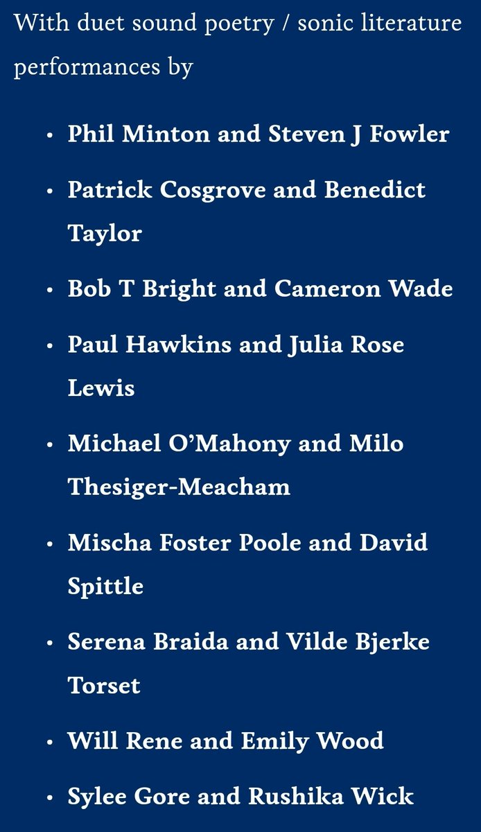 A special Sound Poetry event coming December 5th <a href="/PoetrySociety/">The Poetry Society</a> <a href="/poetrycafeldn/">The Poetry Café London</a> Free at 7pm. Amazing lineup <a href="/benedmusic/">Benedict Taylor</a> <a href="/BerlinReified/">Sylee Gore</a> <a href="/mischafp/">Mischa Foster Poole</a> <a href="/DavidSpittle7/">David Spittle</a> &amp; I get to duet with the legend Phil Minton for the 5th time. Part of <a href="/writerskingston/">Writers Kingston</a> program writerskingston.com/sound24/