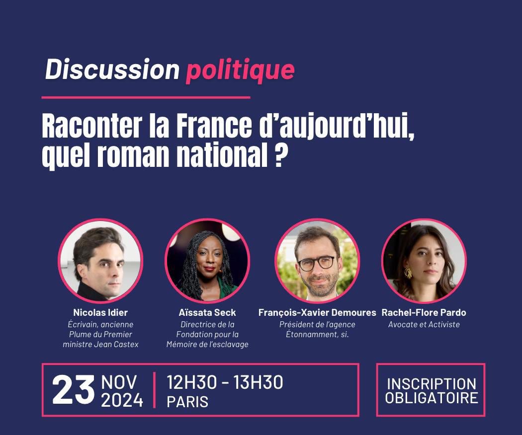 François-Xavier Demoures (@fxdemoures) on Twitter photo Penser un nouveau récit, est-ce forcément fabriquer un « nouveau roman national » ? Qui pour le porter ? Comment l’échafauder ? Si ces questions vous intéressent, on en débat samedi prochain à l’initiative de <a href="/OpenPolitics4/">Open Politics</a> avec <a href="/SeckAstel/">Aïssata SECK</a> <a href="/nicolas_idier/">Nicolas Idier</a> <a href="/rachelflore/">Rachel-Flore Pardo</a> Penser un nouveau récit, est-ce forcément fabriquer un « nouveau roman national » ? Qui pour le porter ? Comment l’échafauder ? Si ces questions vous intéressent, on en débat samedi prochain à l’initiative de <a href="/OpenPolitics4/">Open Politics</a> avec <a href="/SeckAstel/">Aïssata SECK</a> <a href="/nicolas_idier/">Nicolas Idier</a> <a href="/rachelflore/">Rachel-Flore Pardo</a>