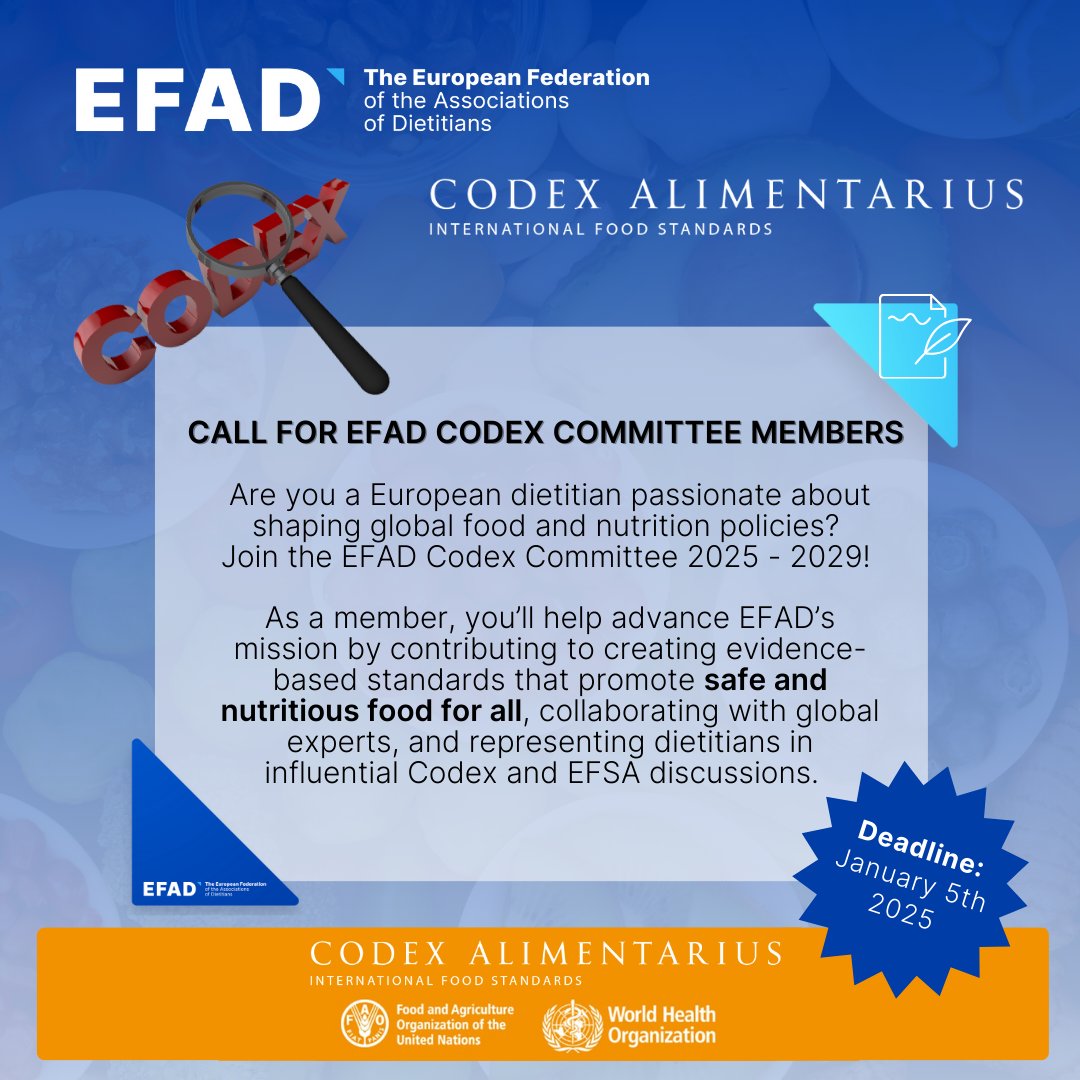 Join the EFAD Codex Committee: Call for New Members

As part of ECC, you’ll play a pivotal role in contributing dietetic expertise to the #CodexAlimentarius, a unique opportunity to impact consumer health policies, food safety, and nutrition standards.

👉efad.org/call-for-efad-…
