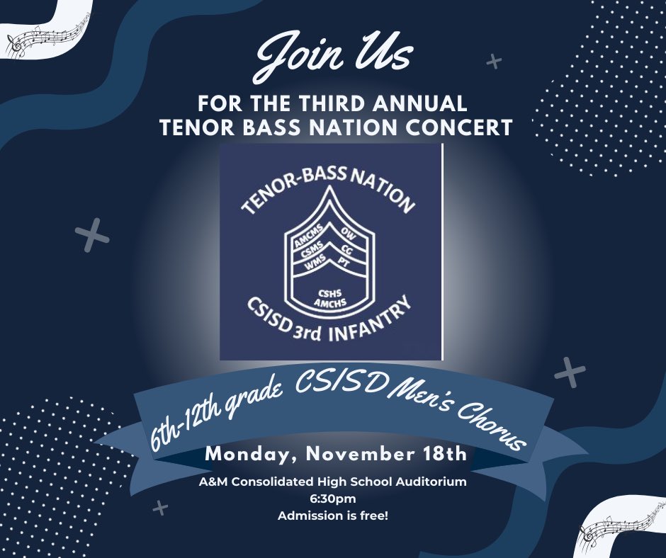 Join CSISD Fine Arts for the third annual CSISD Tenor Bass Nation Choir tonight at 6:30 p.m. in AMCHS auditorium. This concert will feature the boys involved in choirs across all of our CSISD secondary campuses, with CSISD staff joining in at the end! You won’t want to miss it 🎵