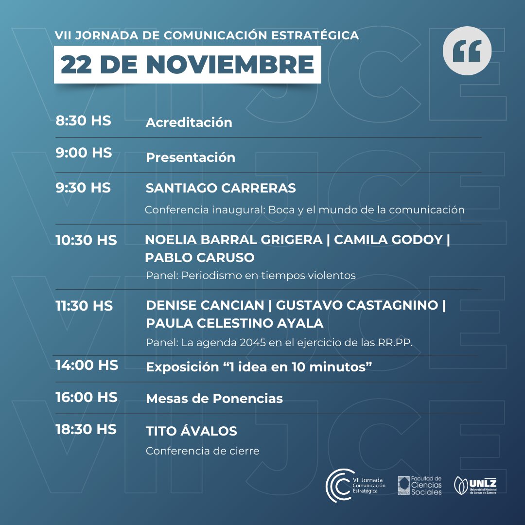 😀El viernes volvemos a encontrarnos.
⌚️Te dejamos el programa completo para que no te pierdas de nada.
🗓️Viernes 22 de noviembre – 16 hs.
📍<a href="/socialesunlz/">Cs Sociales UNLZ</a>
📝Inscribite: bit.ly/InscripcionJCE