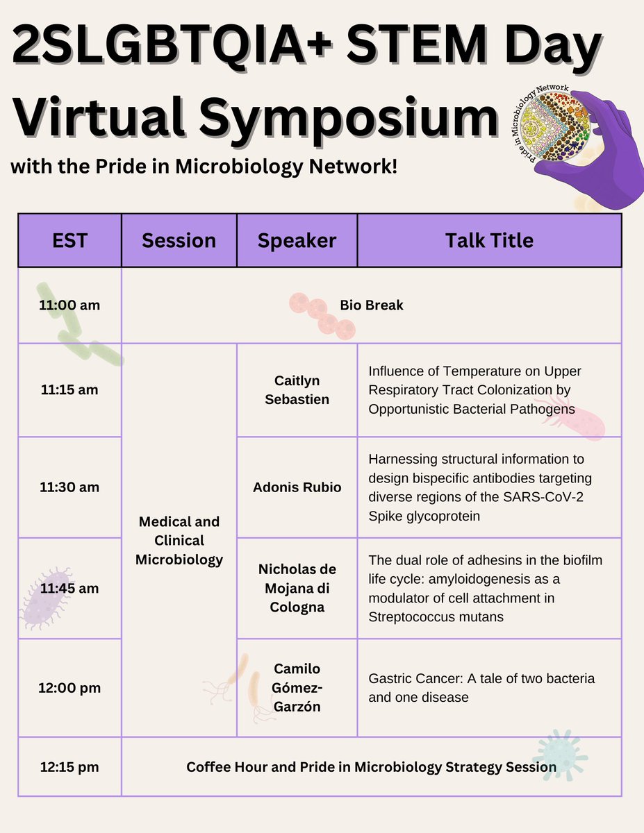 prideinmicro's tweet image. Today is International Day of LGBTQIA+ People in STEM! We are marking this occasion with our first ever Pride in Microbiology Research Symposium and have a lineup of incredible speakers!
#QueerinSTEM
It's still not too late to register: forms.gle/cE8n7F1688Ns2F…