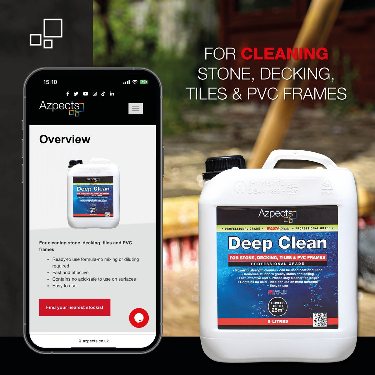AzpectsLtd's tweet image. Deep Clean 🔍

Check out our website azpects.co.uk to discover all the information you need about our EASY products, including our Deep Clean.

Available in a 5 litre bottle.

#EASYCare #Azpects #DeepClean #TimberDecking #ProfessionalGrade #Gardencleanup