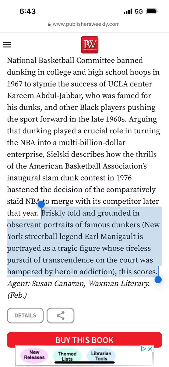 Thanks to <a href="/PublishersWkly/">Publishers Weekly</a> for the terrific review of MAGIC IN THE AIR. Especially like that they shouted out the chapters on Earl "The Goat" Manigault, <a href="/kaj33/">Kareem Abdul-Jabbar</a>, and the period that dunking was banned in the USA. #Sixers #Celtics <a href="/PeterVecsey1/">Peter Vecsey</a>