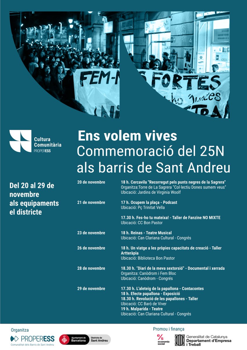 Ens volem vives: Commemoració del #25N als barris de Sant Andreu!

Del 20 al -29 de novembre, no et perdis les activitats pel #25N: cercaviles, xerrades, cinefòrum, teatre, artteràpia... 

properess.cat/activitat/ens-…