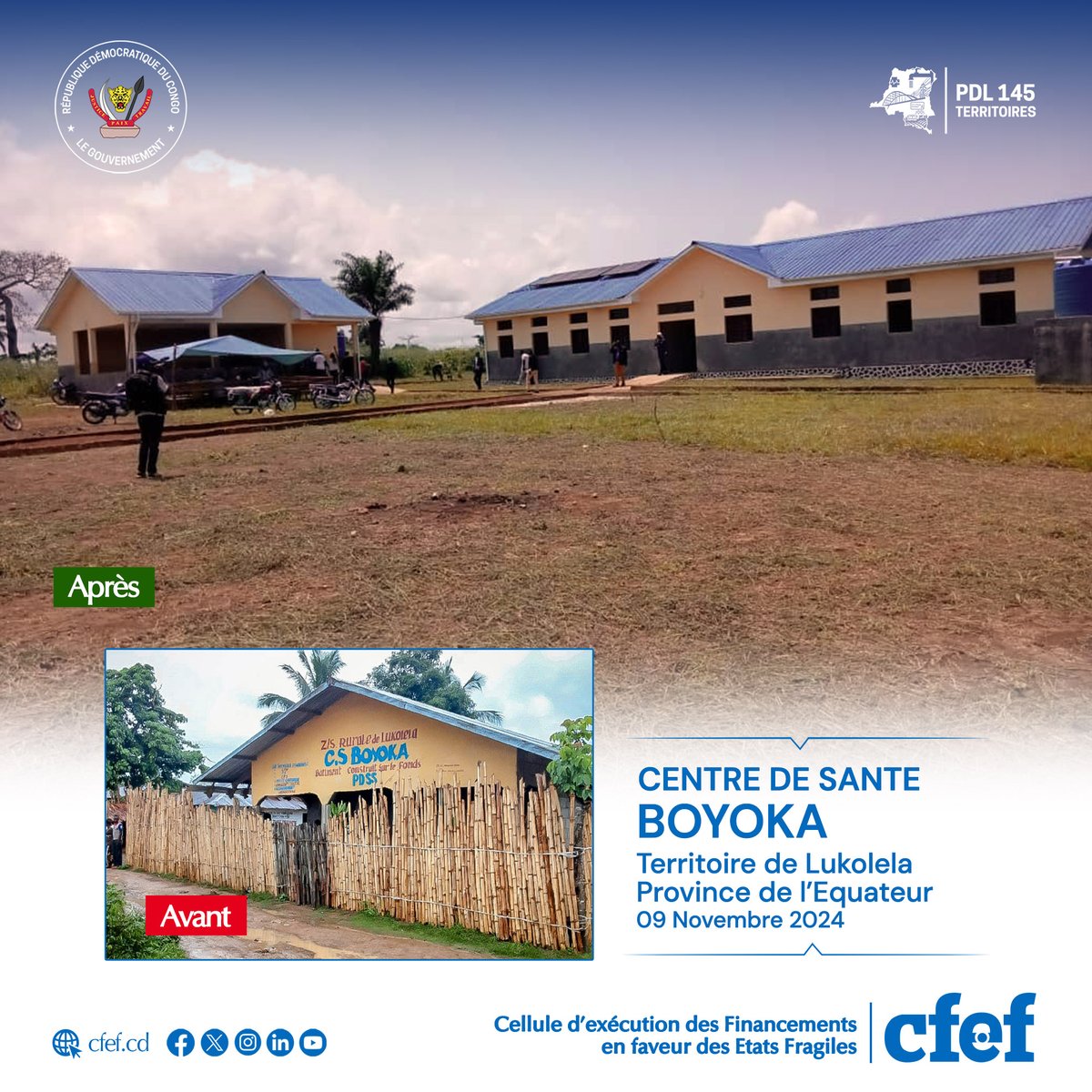 CFEF / Ministère des Finances RDC (@decom_cfef) on Twitter photo #PDL145T_RDC : Achèvement des travaux et remise du centre de santé BOYOKA dans le Territoire de Lukolela à l'Equateur.
<a href="/DeCom_CFEF/">CFEF / Ministère des Finances RDC</a> <a href="/MinSanteRDC/">Ministère de la Santé RDC</a> <a href="/PlanRdc/">Ministère du Plan et de la C.A.D 🇨🇩</a> <a href="/PrimatureRDC/">Primature de la République Démocratique du Congo</a>
#santé #developpement #territoire #rural #PDL145T_RDC : Achèvement des travaux et remise du centre de santé BOYOKA dans le Territoire de Lukolela à l'Equateur.
<a href="/DeCom_CFEF/">CFEF / Ministère des Finances RDC</a> <a href="/MinSanteRDC/">Ministère de la Santé RDC</a> <a href="/PlanRdc/">Ministère du Plan et de la C.A.D 🇨🇩</a> <a href="/PrimatureRDC/">Primature de la République Démocratique du Congo</a>
#santé #developpement #territoire #rural