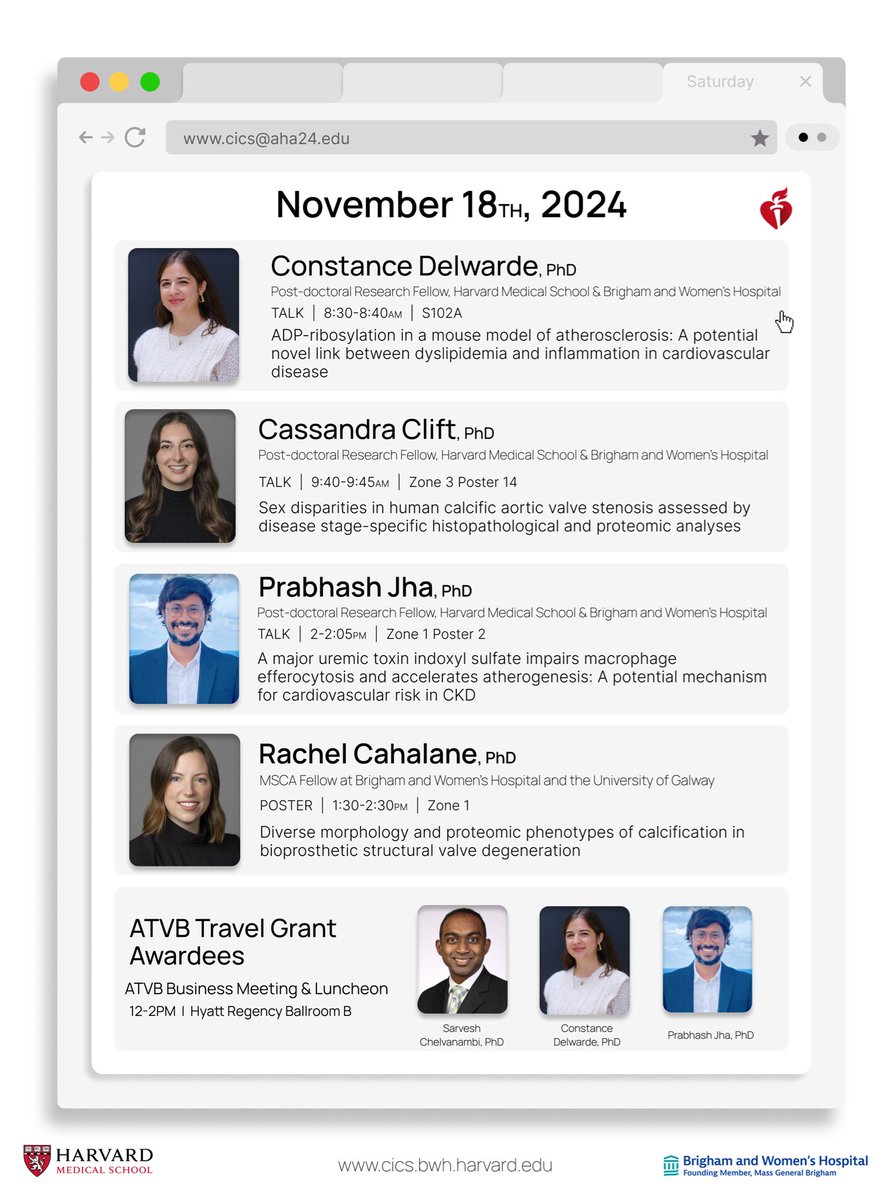 Brigham and Women’s CICS (@cicsnews) on Twitter photo Day 3 of #AHA24 is here! CICS members are still in the game and going strong presenting their scientific breakthroughs in cardiovascular diseases across formats. They will also receive travel awards sponsored by <a href="/ATVBCouncil/">ATVB Council</a> <a href="/ATVBEarlyCareer/">ATVB Early Career Committee</a> ! <a href="/harvardmed/">Harvard Medical School</a> <a href="/BrighamResearch/">Brigham and Women’s Research</a> Day 3 of #AHA24 is here! CICS members are still in the game and going strong presenting their scientific breakthroughs in cardiovascular diseases across formats. They will also receive travel awards sponsored by <a href="/ATVBCouncil/">ATVB Council</a> <a href="/ATVBEarlyCareer/">ATVB Early Career Committee</a> ! <a href="/harvardmed/">Harvard Medical School</a> <a href="/BrighamResearch/">Brigham and Women’s Research</a>