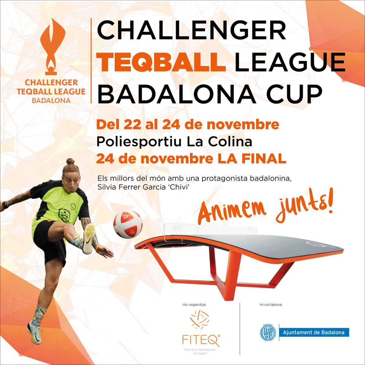 Del divendres 22 al diumenge 24 de novembre, el Poliesportiu la Colina serà l'escenari d’un torneig internacional de Teqball. ⚽️

Comptarem amb la participació de 58 esportistes en representació de 17 països diferents. 🏆

#esportsbdn
#badalona