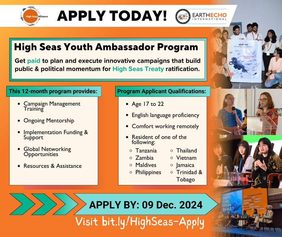 Applications are now open for the High Seas Youth Ambassadors Program!🌊

In collaboration with <a href="/EarthEcho/">EarthEcho Int'l</a> &amp; <a href="/HighSeasAllianc/">High Seas Alliance</a> this initiative aims to empower young ocean advocates aged 17-22 with skills for leading campaigns focused on ocean protection in international waters.