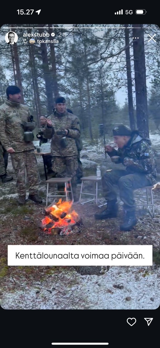 Herra Presidentti. Jakkaran nyt vielä nippanappa hyväksyn korkean polviasennon sijaan, mutta suomalainen sotilas ei syö lakki päässä. <a href="/alexstubb/">Alexander Stubb</a>