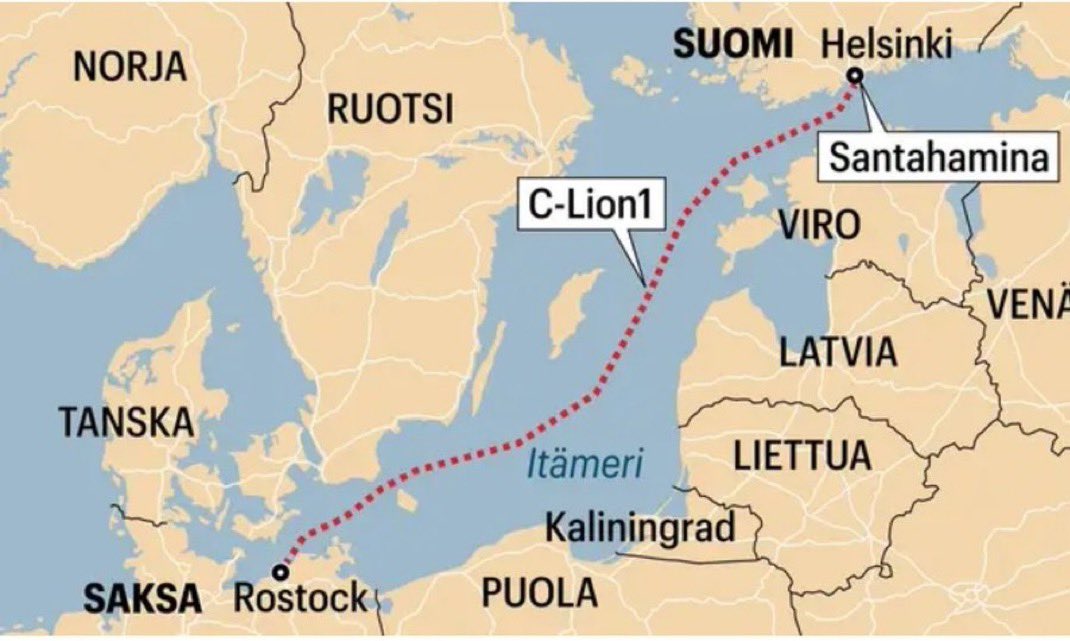 Visegrád 24 (@visegrad24) on Twitter photo BREAKING:
The submarine fiber communications cable C-Lion-1 between Finland and Germany has been cut.
It’s the only cable connecting Finland with Central Europe. A vessel has set out to investigate the cause. BREAKING:
The submarine fiber communications cable C-Lion-1 between Finland and Germany has been cut.
It’s the only cable connecting Finland with Central Europe. A vessel has set out to investigate the cause.