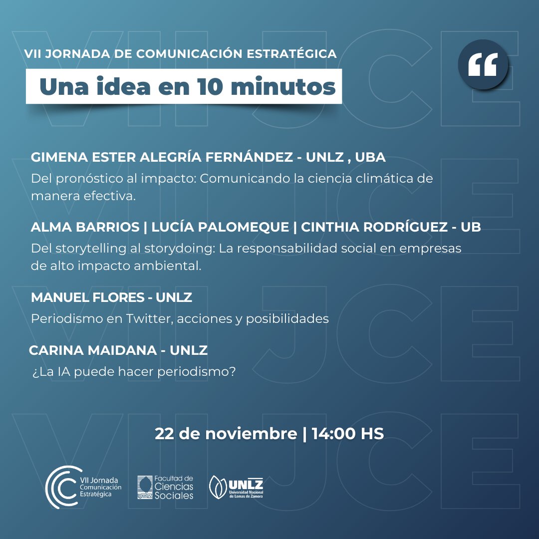 💡 1 idea en  minutos. Se preparan los estudiantes para darlo todo este viernes. Deslizá y conocelos!
📌RRPP. - Medios - Comunicación política - Sustentabilidad - IA.
🗓️Viernes 22 de noviembre – 1 hs.
📍<a href="/socialesunlz/">Cs Sociales UNLZ</a>
📝Inscribite: bit.ly/InscripcionJCE