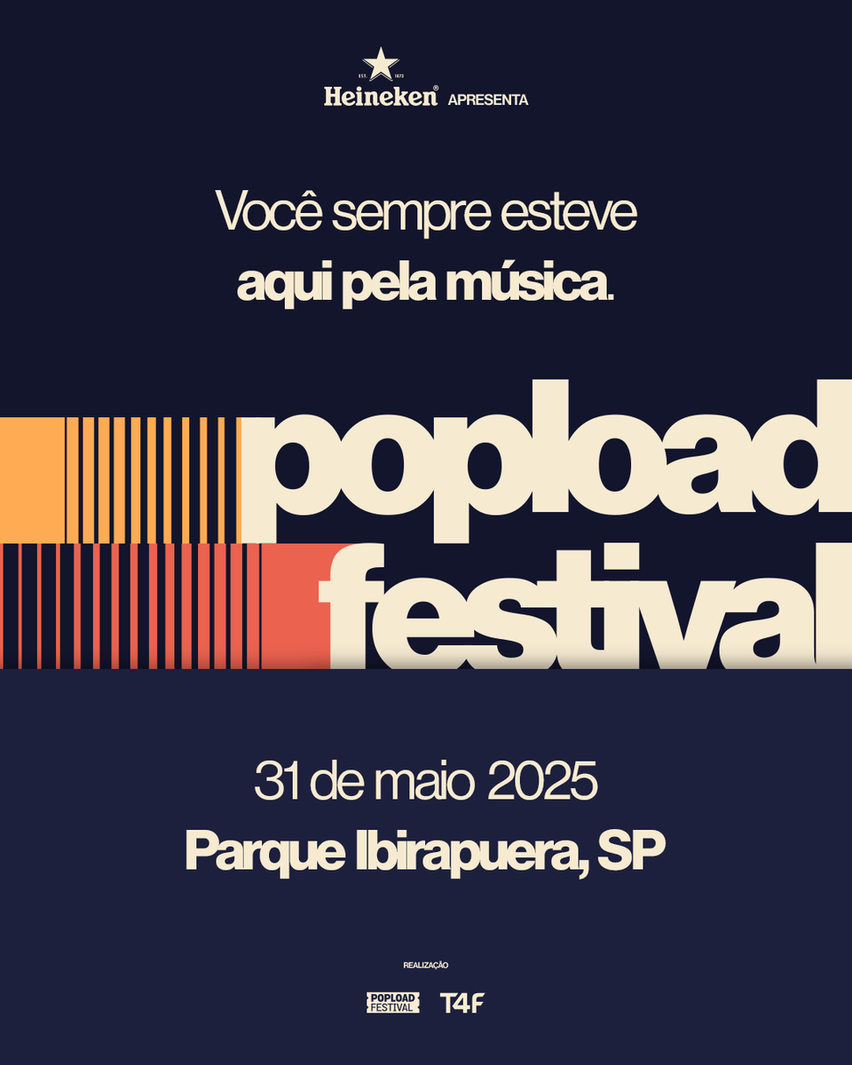 Popload's tweet photo. A nossa história é a sua e por isso voltamos. Festivais de música marcam gerações, revelam e celebram artistas e criam memórias que ecoam para sempre. E nós temos orgulho de fazer isso há mais de 10 anos. 

Para todos que já nos conhecem, o reencontro será histórico. Para todos que irão viver o seu primeiro Popload Festival, sejam bem-vindos.

Popload Festival - Aqui pela música
31 de maio de 2025
Parque Ibirapuera, São Paulo

#poploadfestival #parqueibirapuera #aquipelamúsica