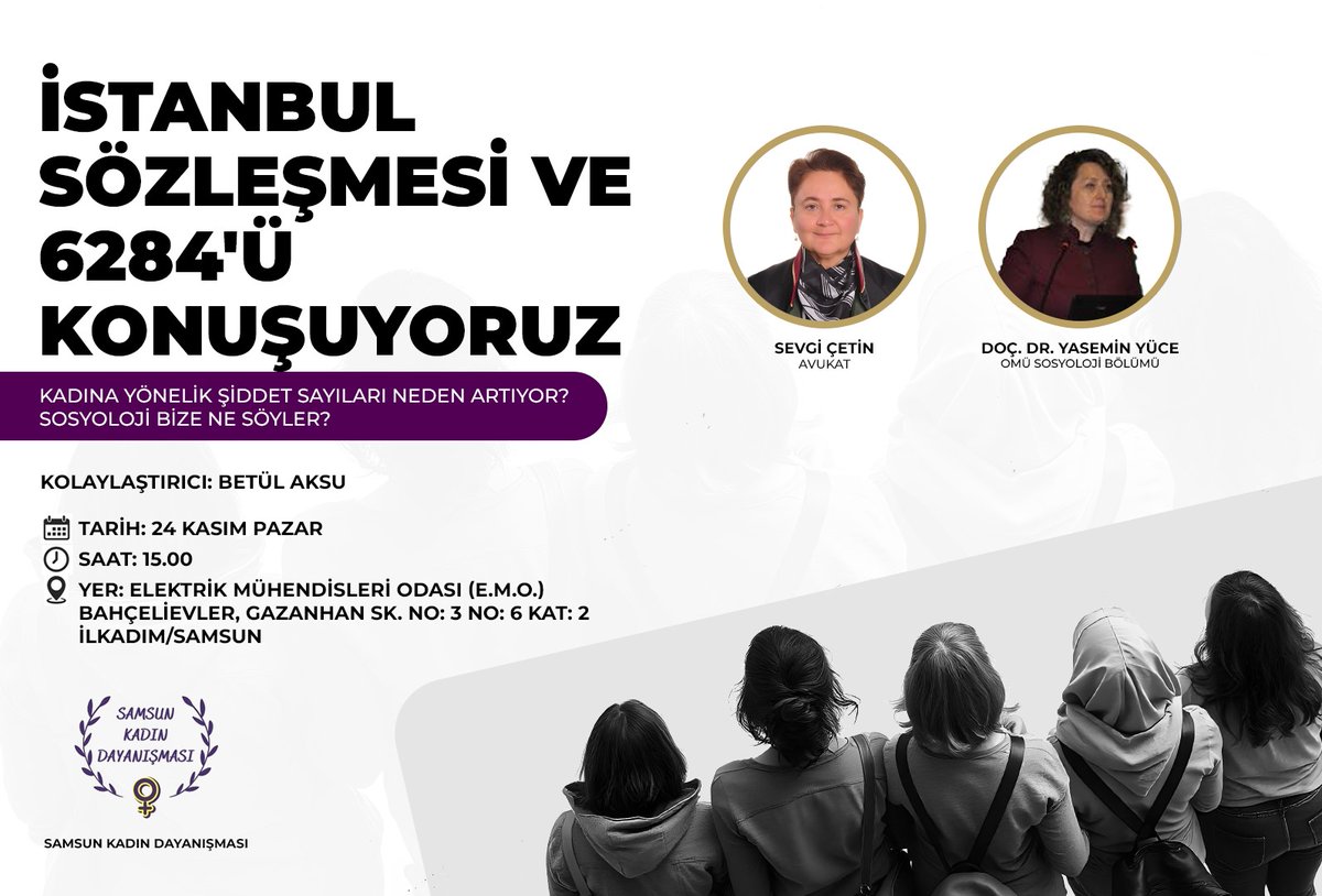 Artan kadın cinayetleri, çocuk istismarı vakaları, cezasızlık politikaları, İstanbul sözleşmesi, 6284 ve haklarımızı Doç. Dr. Yasemin Yüce ve Av. Sevgi Çetin ile birlikte konuşacağımız  panelimize bütün kadınlar davetlidir. 
Yaşasın Kadın Dayanışması 💜♀️