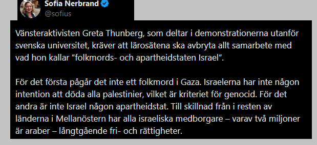 Carlstrm2023's tweet photo. Den korkade israelapologeten @sofius tror felaktigt att folkmord betyder att varje enkskild palestinier måste mördas av Israel för att det ska ses som folkmord. Sen påstår hon felaktigt att Israel inte är en apartheidstat trots @amnesty @hrw @btselem osv klart bevisat detta. https://t.co/D5woLQobJH