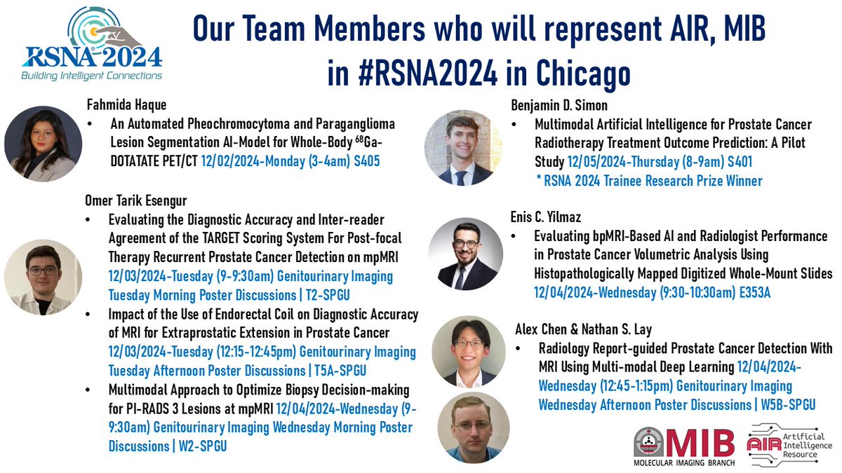 Baris Turkbey MD (@radiolobt) on Twitter photo 📣Excited to announce our @NCICCR_MIP team members presenting their cutting-edge research at #RSNA2024!
📅Please mark your calendars to catch presentations by: <a href="/Haque_Fahmida_/">Fahmida Haque</a> | <a href="/OTEsengur/">Ömer Tarık Esengür, MD</a> | <a href="/eniscy/">Enis C. Yilmaz, MD</a> | Benjamin Simon | Alex Chen | Nathan Lay
#RSNA24 #RSNA2024 #TeamScience 📣Excited to announce our @NCICCR_MIP team members presenting their cutting-edge research at #RSNA2024!
📅Please mark your calendars to catch presentations by: <a href="/Haque_Fahmida_/">Fahmida Haque</a> | <a href="/OTEsengur/">Ömer Tarık Esengür, MD</a> | <a href="/eniscy/">Enis C. Yilmaz, MD</a> | Benjamin Simon | Alex Chen | Nathan Lay
#RSNA24 #RSNA2024 #TeamScience