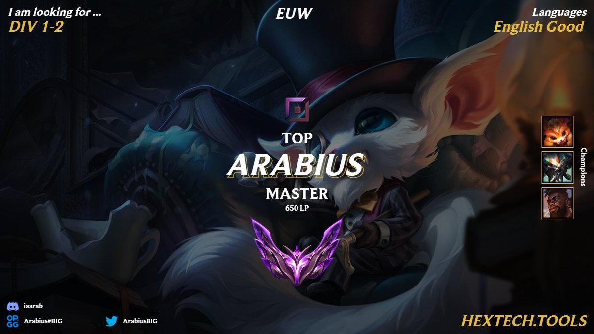 IaArab (@arabiusbig) on Twitter photo I'm LFT again. Looking for a 1-2 division team. Past split MT 680 LP . Currently playing on <a href="/qstodesesports/">QSTODES ESPORTS</a> , not under contract
Contact with me in discord: iaarab I'm LFT again. Looking for a 1-2 division team. Past split MT 680 LP . Currently playing on <a href="/qstodesesports/">QSTODES ESPORTS</a> , not under contract
Contact with me in discord: iaarab