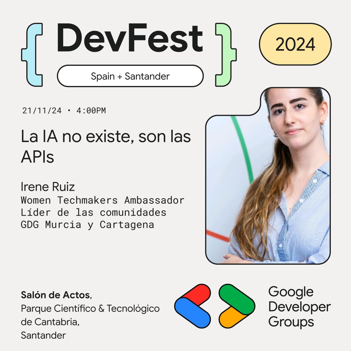 ¡La IA no es magia! Irene Ruiz te explica por qué en el #DevFestSpain en Santander .

📢 ¡Asegura tu lugar! <a href="/GDG_ES/">GDG Spain</a> gdgsdr.page.link/devfest 

#IA #APIs #desarrolloSoftware #DevFest #DevFest2024 #DevFestSantander #DevFestSpain #GDGSpain #Tecnología #Santander