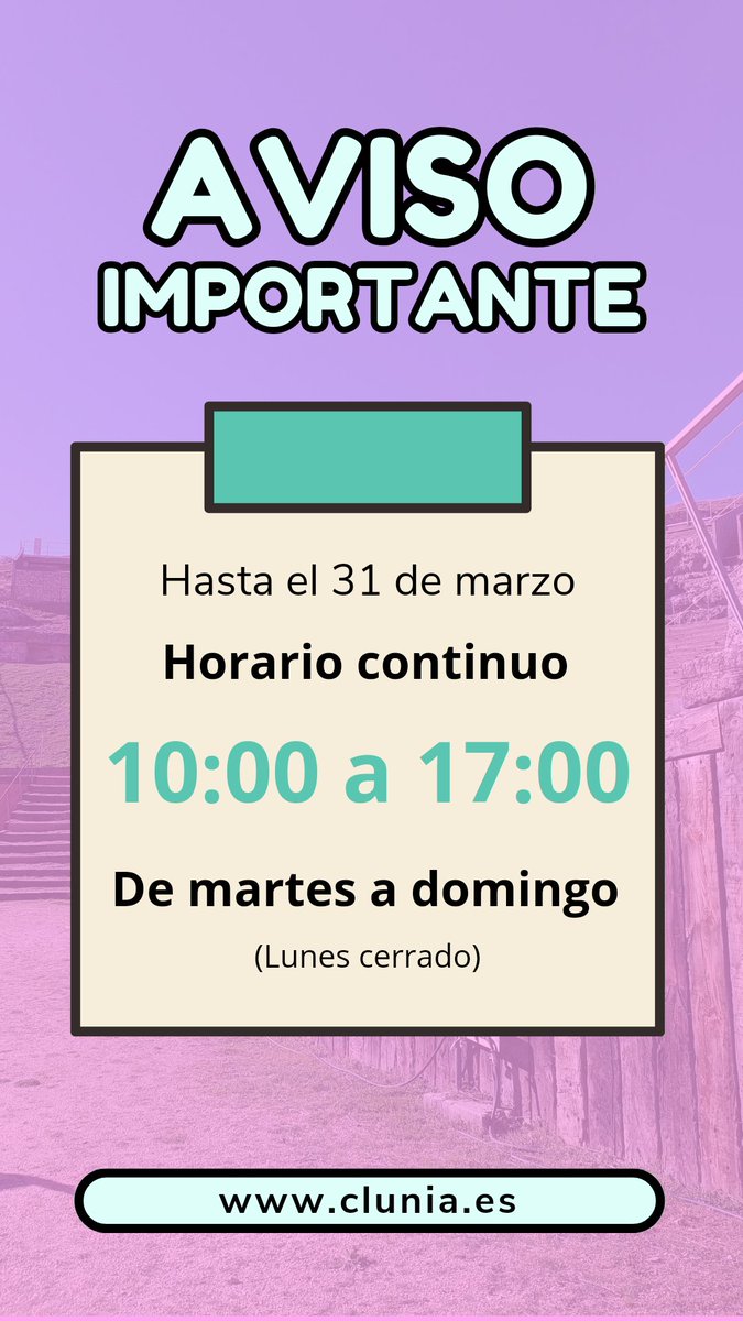 Hasta el 31 de marzo abrimos el yacimiento de martes a domingo de 10:00 a 17:00 en horario continuo.
Os esperamos!!!
#clunia #cambiohorario #burgosromano #Burgos