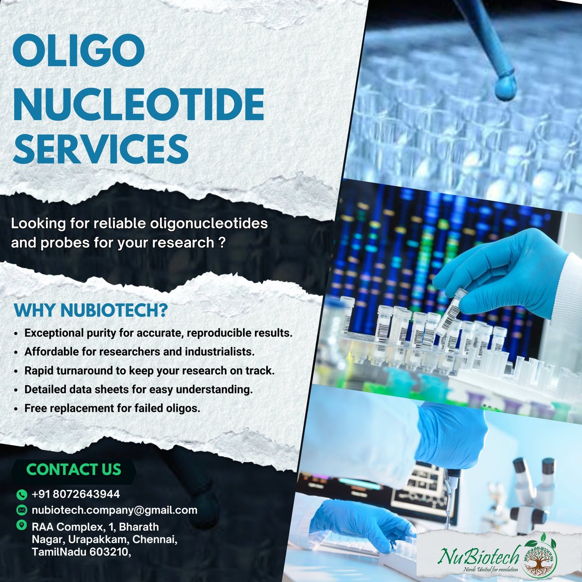 NuBiotech is now offering Oligo Nucleotide Services to support your research. 🌱🔬

Enjoy high-purity, fast delivery, and reliable results. Contact us to learn more! 📧

#NuBiotech #Oligonucleotides #BiotechResearch #Genomics