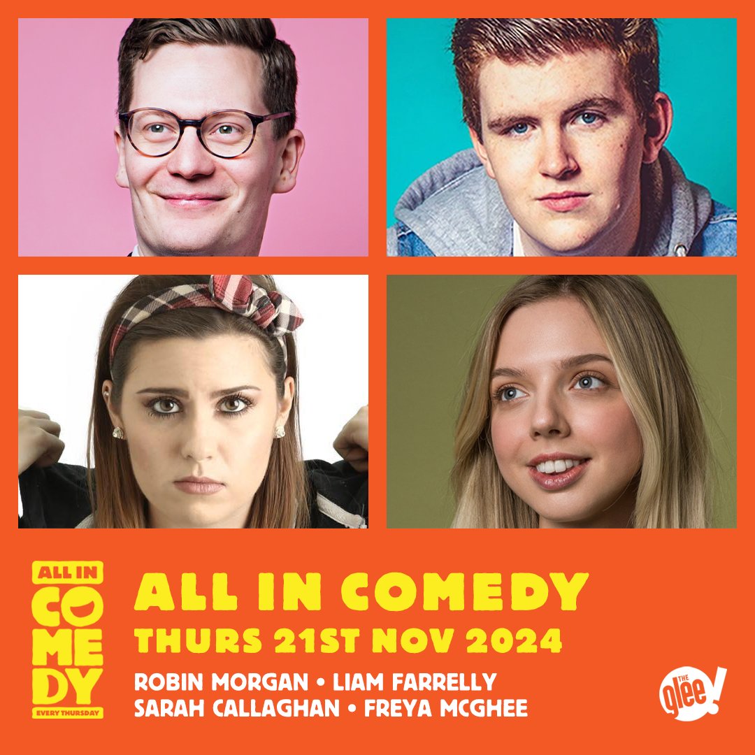 The Glee Club Cardiff (@gleeclubcardiff) on Twitter photo 📅 Thursday: All In Comedy, featuring <a href="/robinjaymorgan/">Robin Morgan</a>, <a href="/LiamFarrelly9/">Liam Farrelly</a>, <a href="/sarahecallaghan/">Sarah Callaghan</a> & Freya McGhee
A fast-paced, inclusive & spontaneous show. Expect big laughs & good vibes
Tickets 🎫 bit.ly/AllInComedyGlee 📅 Thursday: All In Comedy, featuring <a href="/robinjaymorgan/">Robin Morgan</a>, <a href="/LiamFarrelly9/">Liam Farrelly</a>, <a href="/sarahecallaghan/">Sarah Callaghan</a> & Freya McGhee
A fast-paced, inclusive & spontaneous show. Expect big laughs & good vibes
Tickets 🎫 bit.ly/AllInComedyGlee